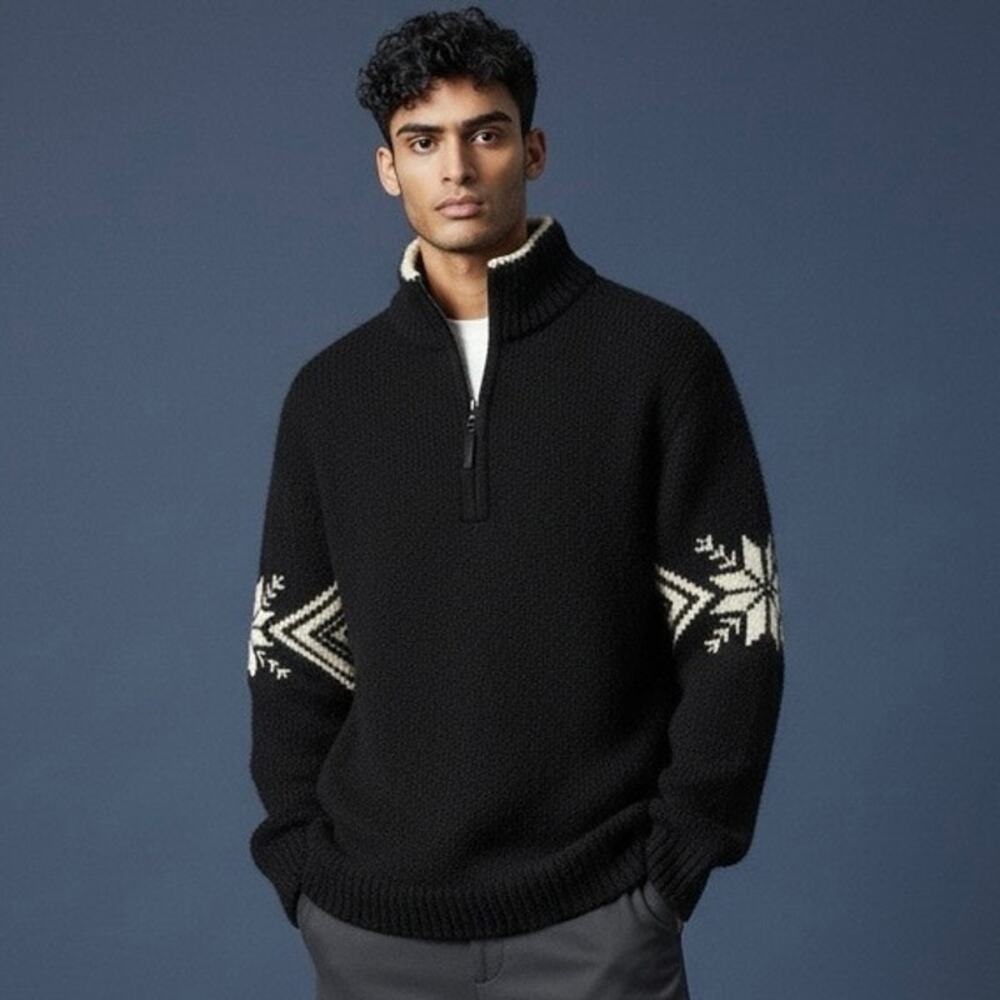 Banana Republic 100% Wool Nordic Snowflake Quarter Zip Sweater Medium Black